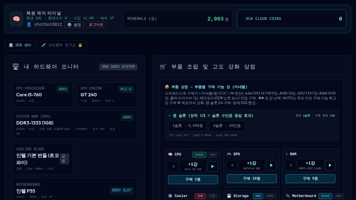 컴퓨터 강화하기 화면. 왼쪽에 내 하드웨어 모니터, 오른쪽에 부품 강화 상점이 있다.
